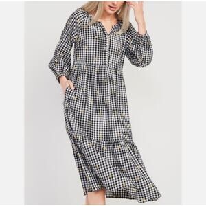 Old Navy Dress S Black White Gingham Daisy Embroidered Boho Midi Swing Peasant